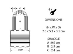 Excell™ Laminated Steel 50mm Padlock 4-Pin – 25mm Shackle