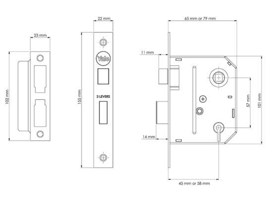 PM320 3 Lever Mortice Sashlock Polished Chrome 65mm 2.5in